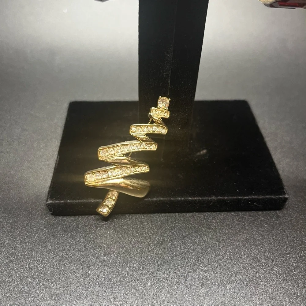 Monet vintage zig zag Gold Tone Christmas Tree Brooch with Rhinestones